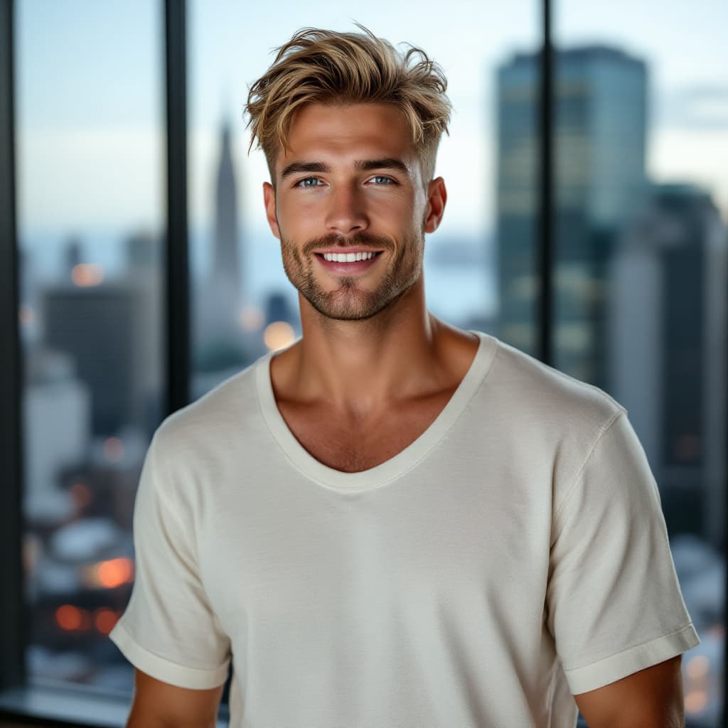 AI generated: Sharp head-and-shoulders portrait of a fit 25-year-old white American man, beachy blonde hair, cream...