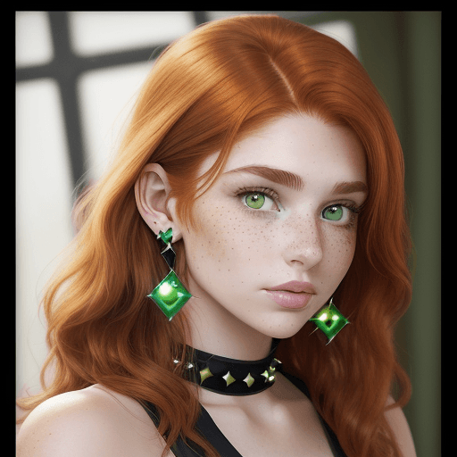 AI generated: An image of a young woman with auburn hair with lighter ends, styled to flow away from her face, and...
