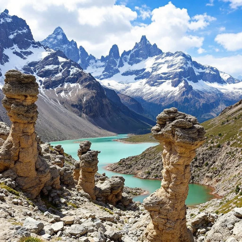 AI generated: The image shows a scenic mountainous landscape in a remote and pristine region. In the foreground, p...