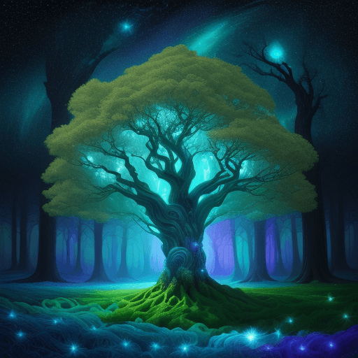 AI generated: bright painting of a tree with stars in the sky, in the style of dreamlike fantasy creatures, multil...