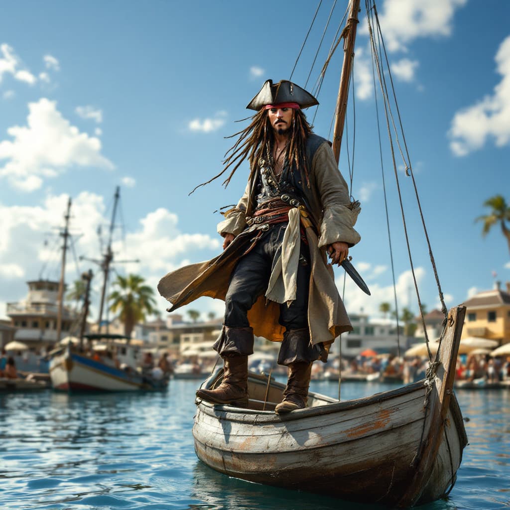 AI generated: "Depict the iconic opening scene of Jack Sparrow's dramatic entrance from Pirates of the Caribbean. ...