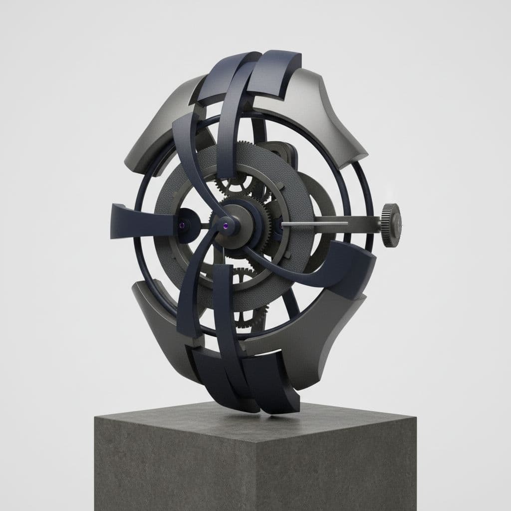 AI generated: mechanical watch in the style of minimalist sculpture, dark gray and navy, precise perspective, base...