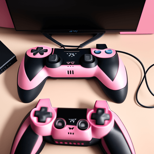 AI generated: cat gaming, headset, playstation controller, 4k, pink