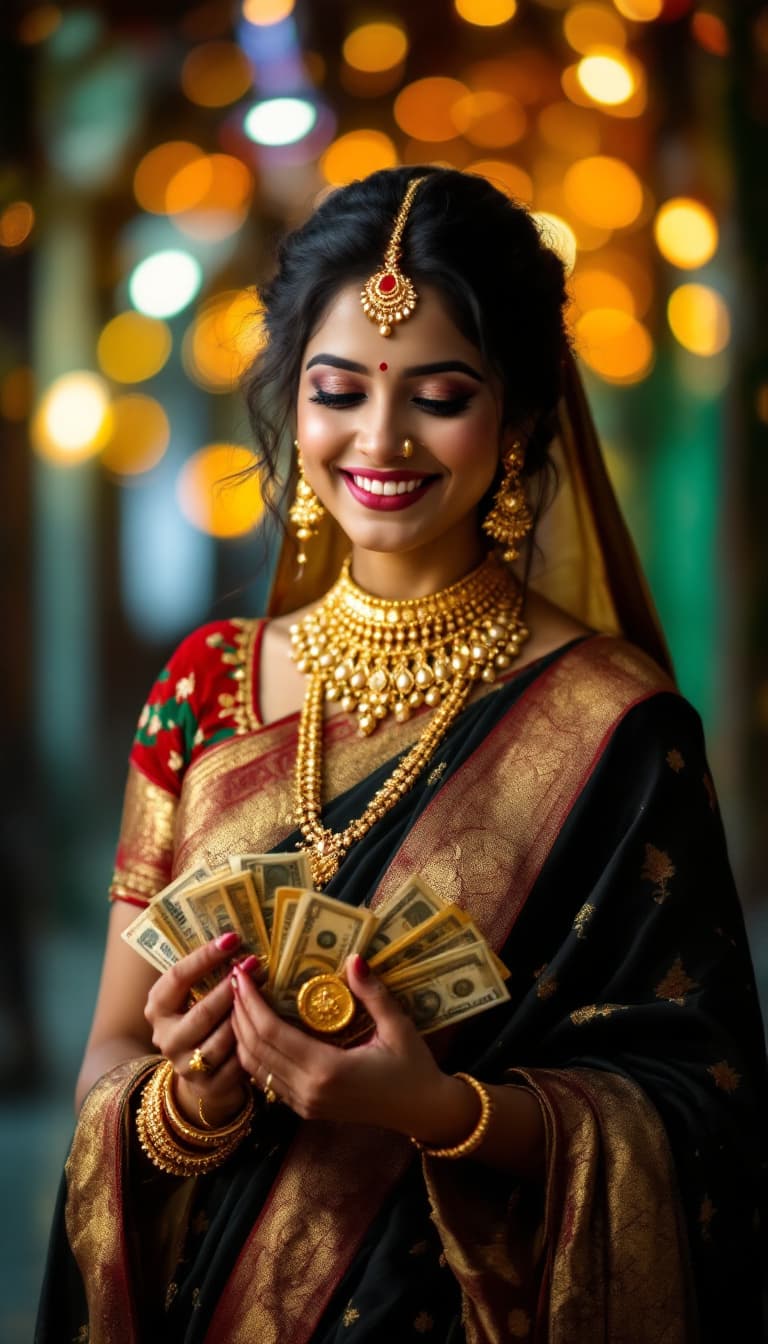 AI generated: Indian female wearing gold, share blessing, happiness, smile, gold and money  