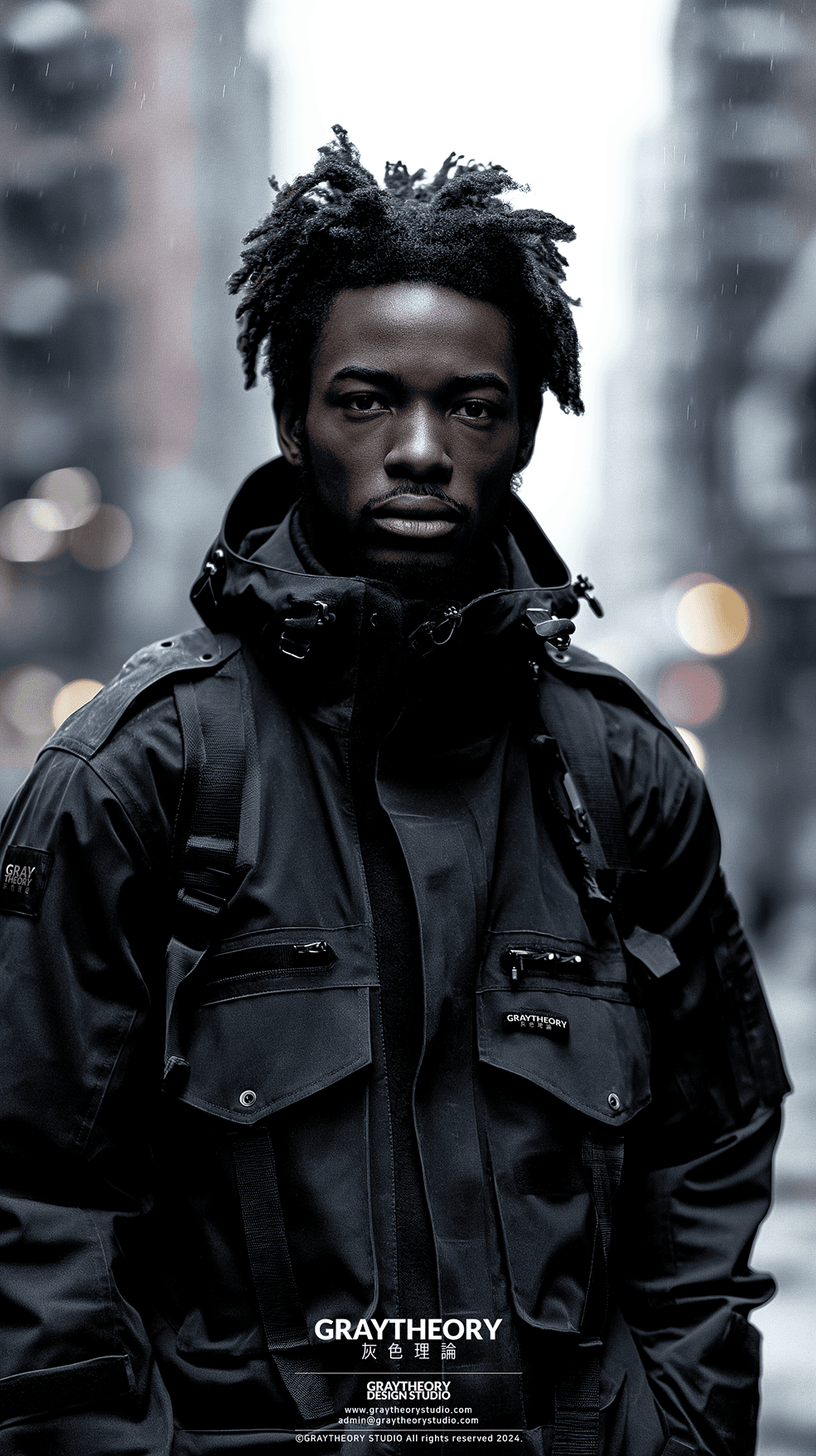 AI generated: capture trekker jacket, male model in a dynamic cityscape, dawn light softening the scene, he's wear...
