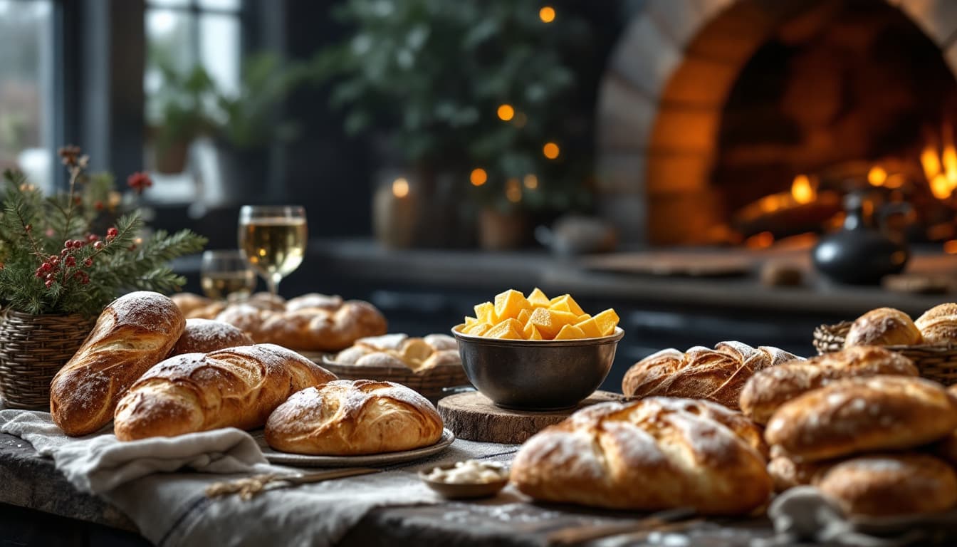 AI generated: Still life with traditional breads and Christmas breads, black and gold color palette, wood-fired ov...