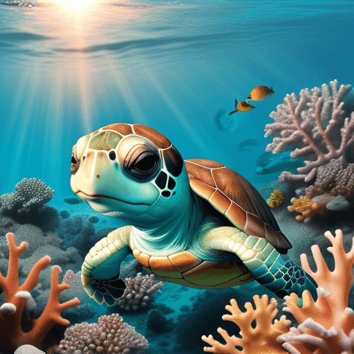 AI generated: a swimming cute baby turtle in the colorful coral sea with shining sun