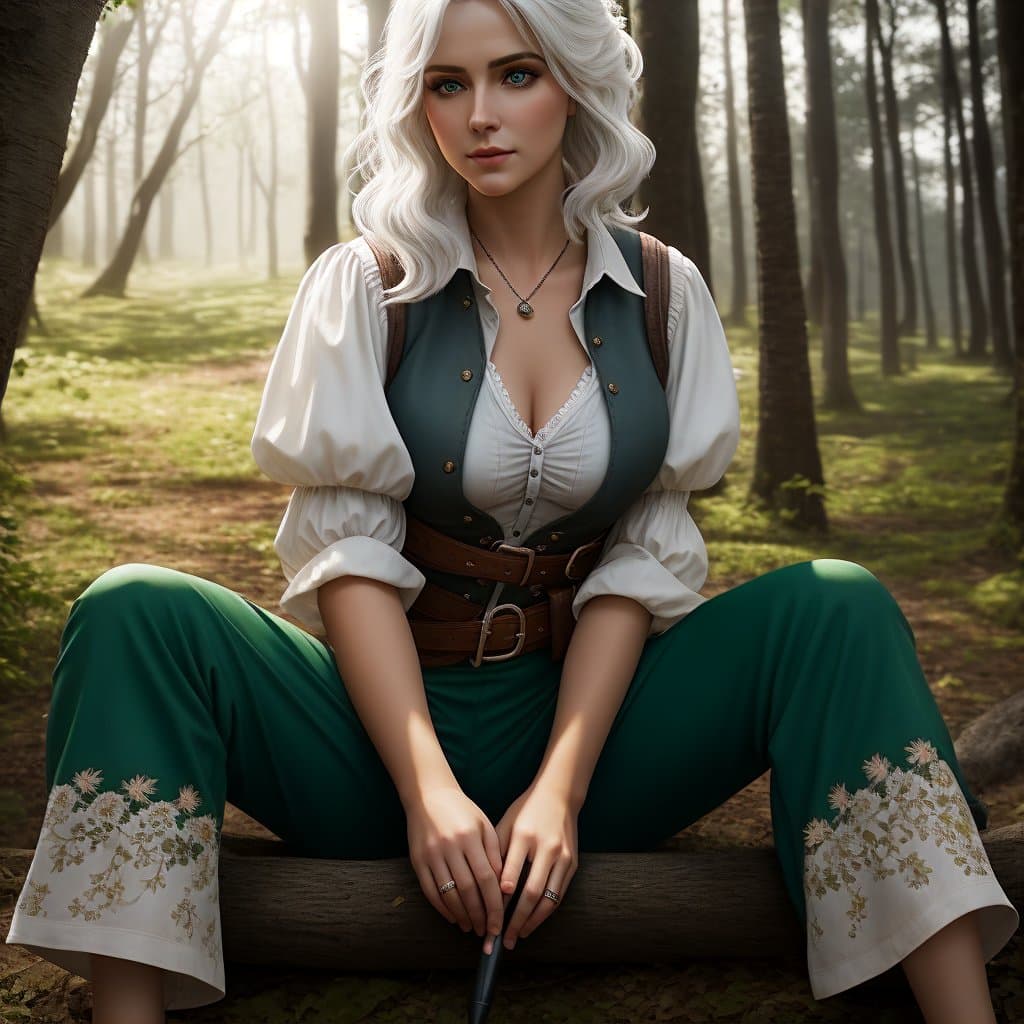AI generated: georgeous female dressed like Princess Ciri from Witcher 3 game, long white hair, bright green eyes,...