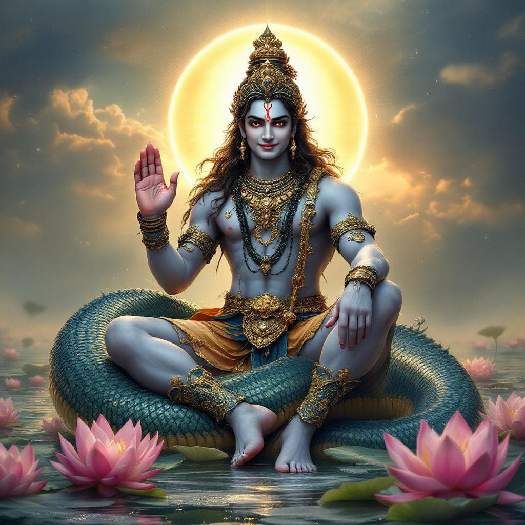 AI generated: Seated or reclining on the cosmic serpent Sheshnag, whose multiple hoods form a protective canopy, L...