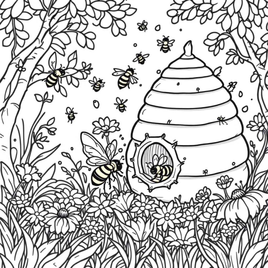 AI generated: Coloring book page,	A busy beehive with bees collecting nectar from flowers no color