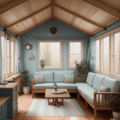 AI generated: High resolution photography tiny home interior design, dreamy sunken living room conversation pit, w...