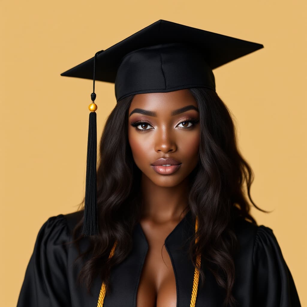 AI generated: fashion model shoot, of a black woman with brown eyes wearing a black graduation gown, black graduat...