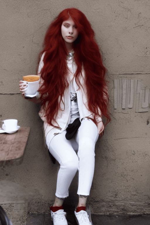 AI generated: "Take a good-looking girl with stunning long red hair, sitting gracefully in a bustling cafe. She is...
