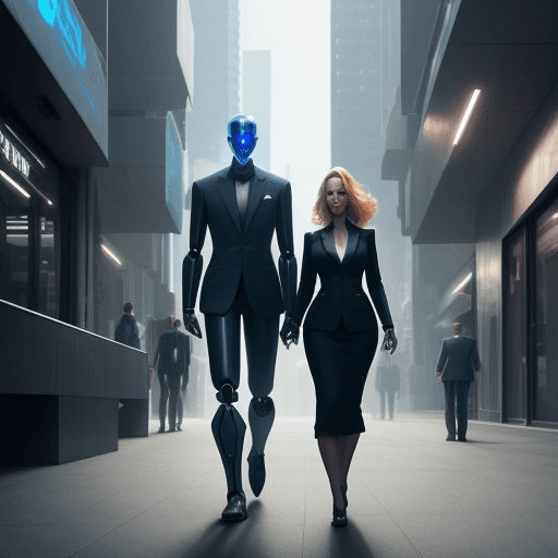 AI generated: a robot with a woman in a suit walking side by side in a futuristic city
