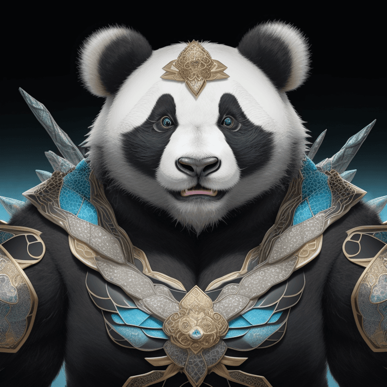 AI generated: 
A fierce and savage panda stands, its gaze fixed upon the horizon, eyes radiating with a menacing ...