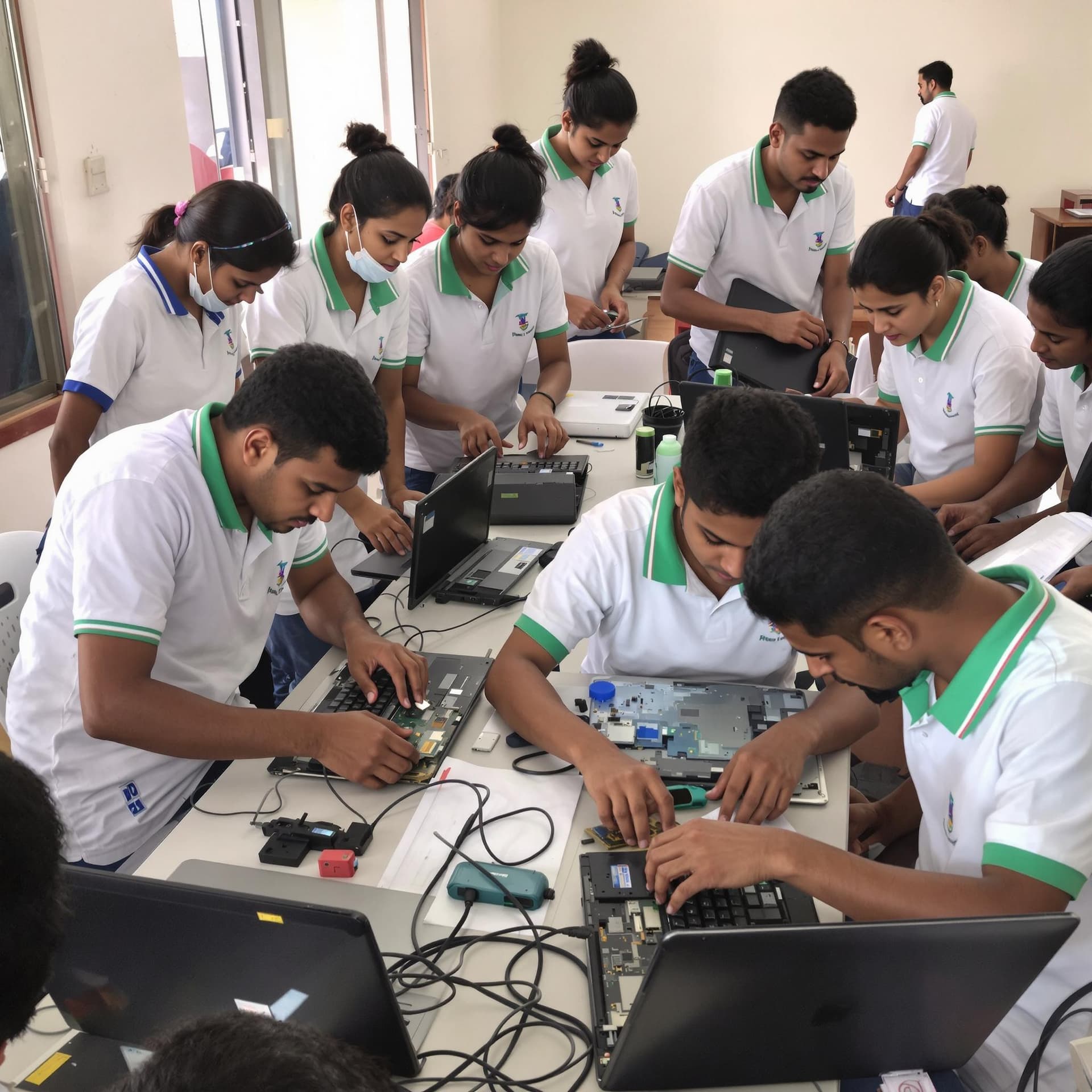 AI generated: a group of kerala students aging 32 disassembling laptops. students include men and women, all weari...