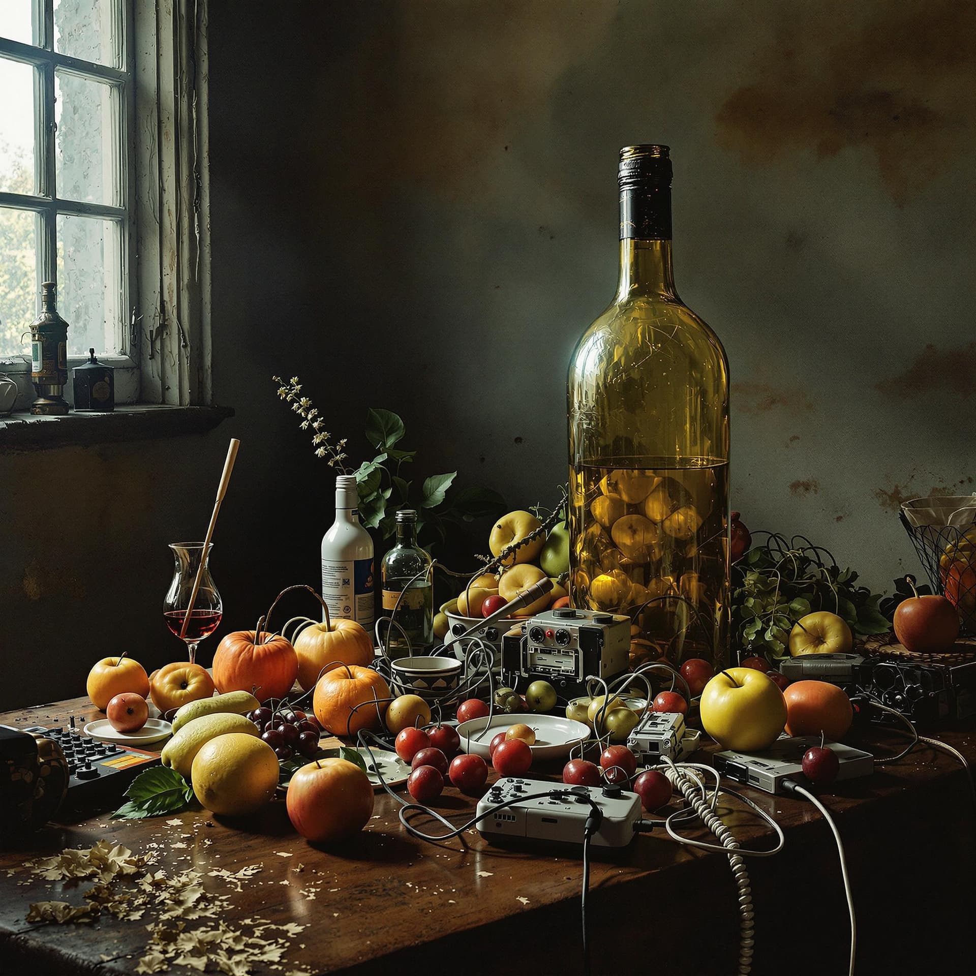 AI generated: A still live some large empty wine bottle, fruits and some electronic cyborg parts, cables and compu...