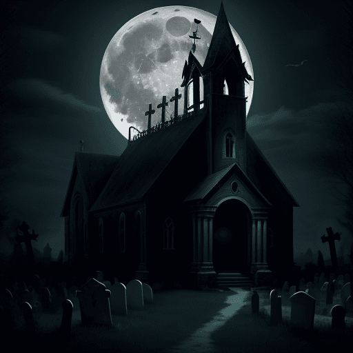 AI generated: Nightmare church, with graveyard and full moon