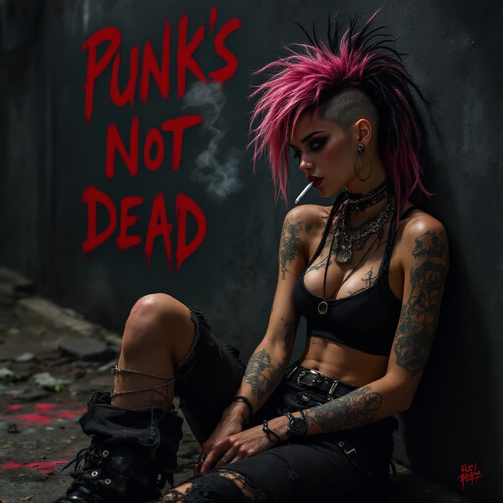 AI generated:  a slender punk female sitting reclined against the wall of a dark street savoring a short cigarette...