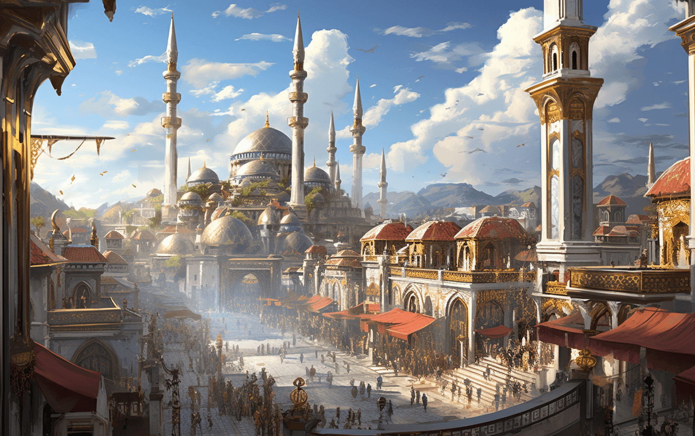 AI generated: A concept art painting of the cityscape of Top�Anne, Istanbul with an intricate and ornate palace in...