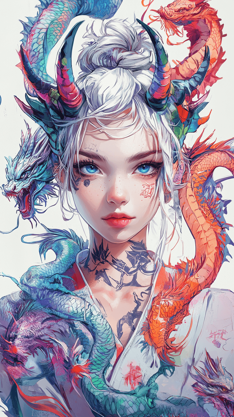 AI generated: A beautiful Japanese girl with dragon horns on her head, blue eyes and white skin, cynical smile, we...