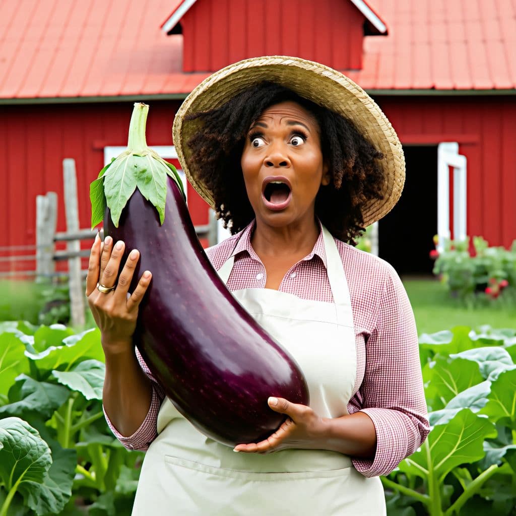 AI generated: A surprised African American female farmer in a straw hat and apron holding a giant, shiny eggplant ...