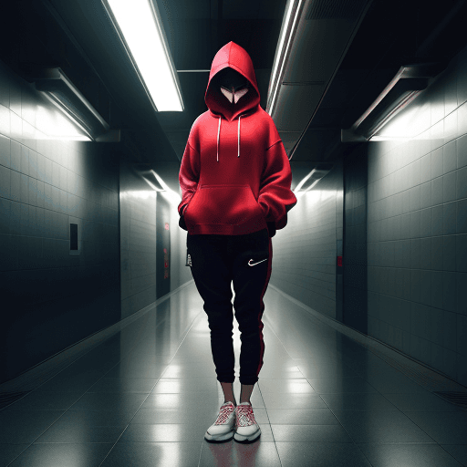 AI generated: conceptual phtography, Canon EOS-1D Mark III, aperture of f/5.6, crimson hoodied and crop pants with...