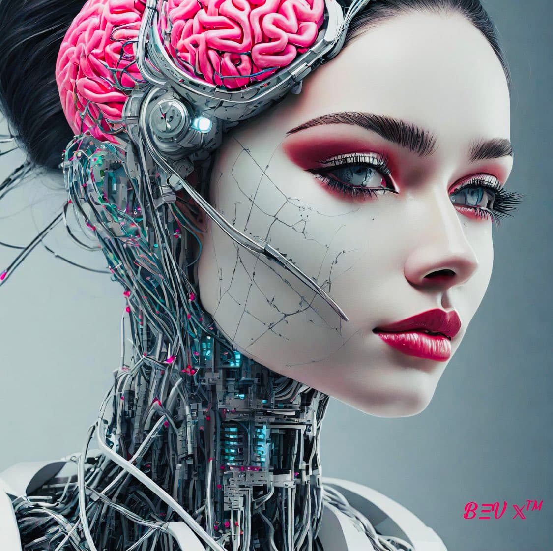 AI generated: electronic system on head humanoid cyborg woman with a visible detailed pink brain, with a visible d...