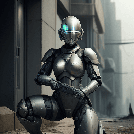 AI generated: black armed female figure in sci-fi battle armor with cybernetic helmet, aiming on one knee, mask, s...