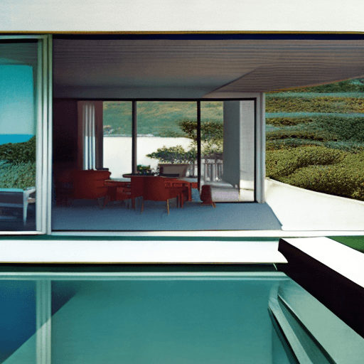 AI generated: Hyper realistic eye level exterior photo of a mid century modern style house overlooking the ocean, ...