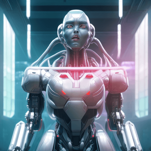 AI generated: Character concept art, grey metallic muscular robotic soldier, futuristic militant mech, glowing red...