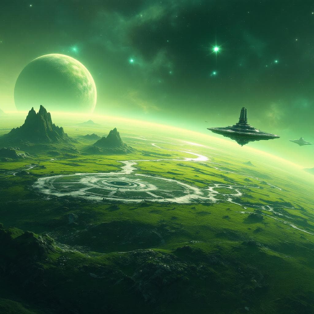 AI generated: Create an alien planet, Artta. It has two moons. There is a nebula in the far background. Artta has ...