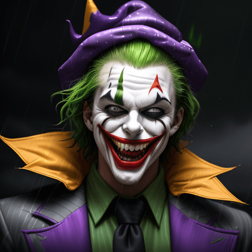 AI generated: Outside in the rain, lightning flashing, full-length image of a man wearing a Joker mask, hair on he...
