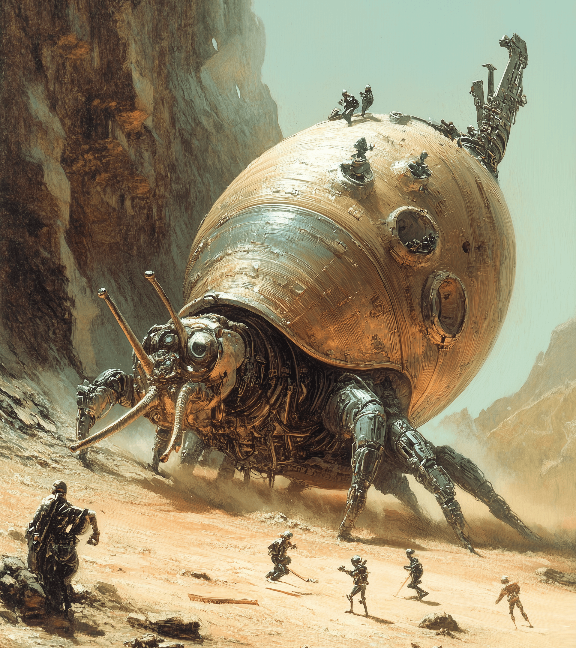 AI generated: A giant robotic snail eating tiny robot people, fantasy illustration in the style of Frank Frazetta,...