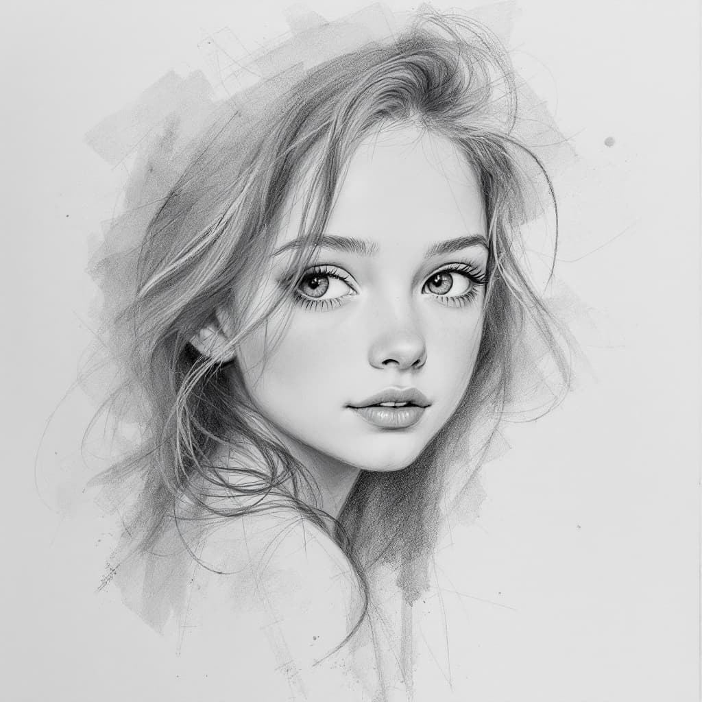 AI generated: Pencil style, drawing, sketch, girl with pure innocent gaze, b&w, smudges