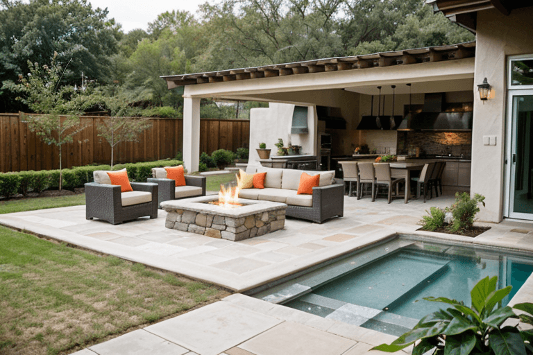 AI generated: high resolution photography, landscape design, island colors,  textiles, tile flooring, outdoor furn...