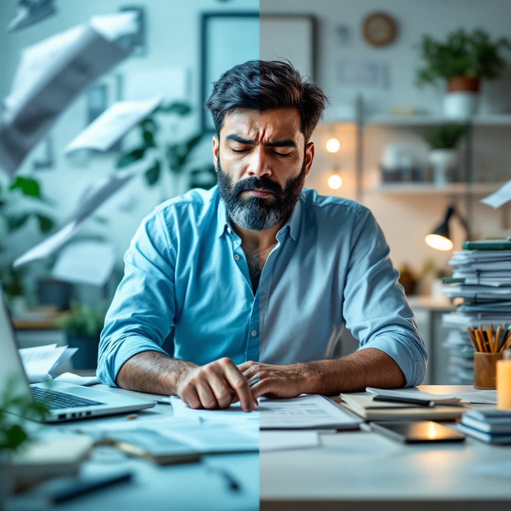 AI generated: Split-screen concept: Left panel showcases a stressed Indian accountant surrounded by a chaotic mess...