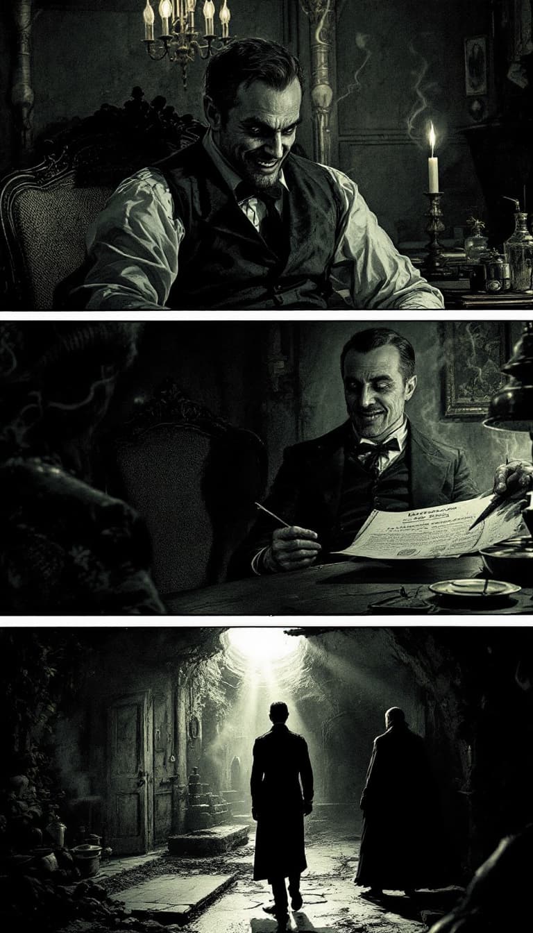 AI generated: An image in a Victorian Penny Dreadful comic style of a sinister man in a Victorian parlour, smiling...