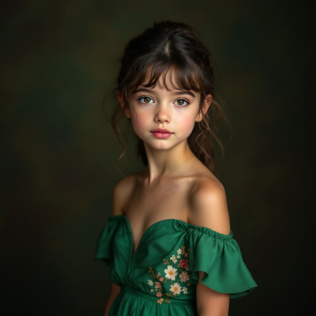 AI generated: a child girl in a green dress posing for a picture, a colorized photo, inspired by Richard Avedon, t...