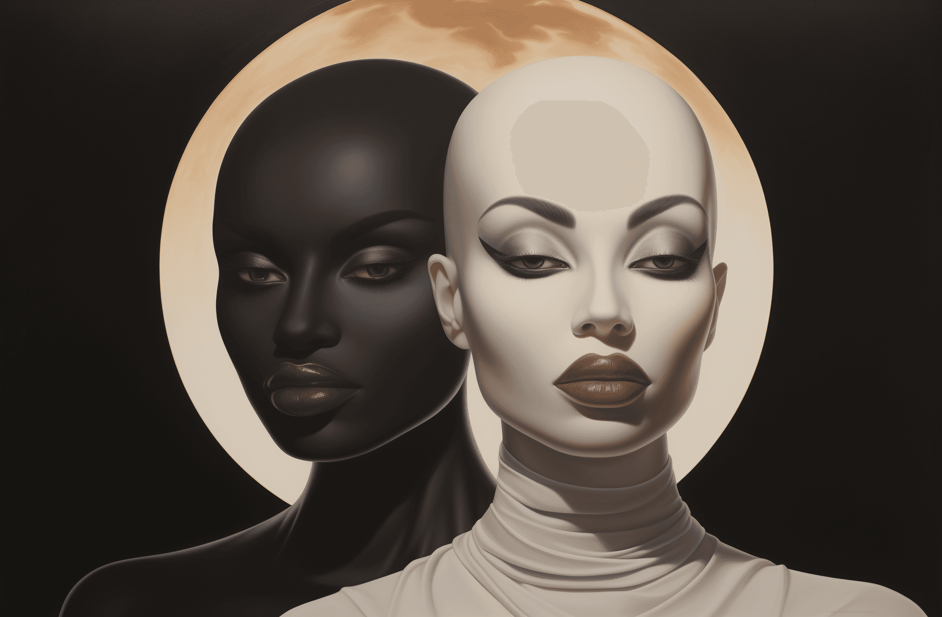 AI generated: The moon and the eyes of two women, in the style of Alex Ross. A white crescent-shaped area in front...