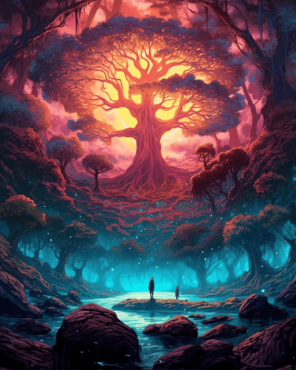 AI generated: a large circle of a person above a tree in an image, in the style of vibrant fantasy landscapes, tea...