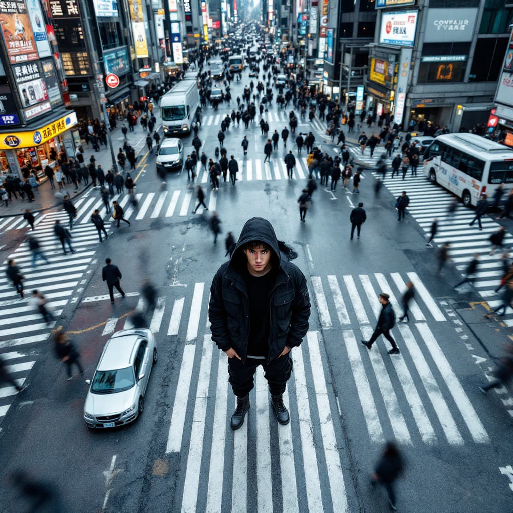 AI generated: Photography, high aerial view, korean model, standing on massive a complicated crosswalk center insp...