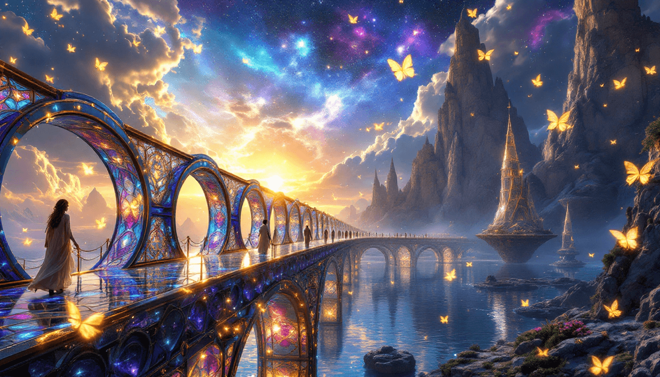 AI generated: An impossibly elegant, sky-high bridge made entirely of crystalline stained-glass arches between flo...