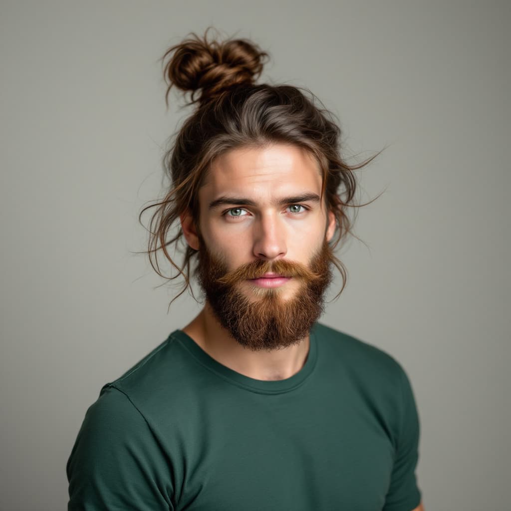 AI generated: Portrait of a 29-year-old white American man, long brown hair tied in a loose bun, light beard, fore...