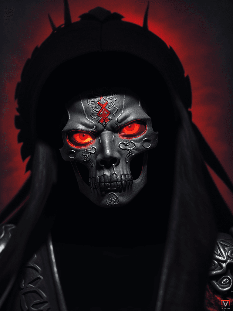 AI generated: A photorealistic digital illustration of an Aztec god with skull face, pointing at viewer and lookin...