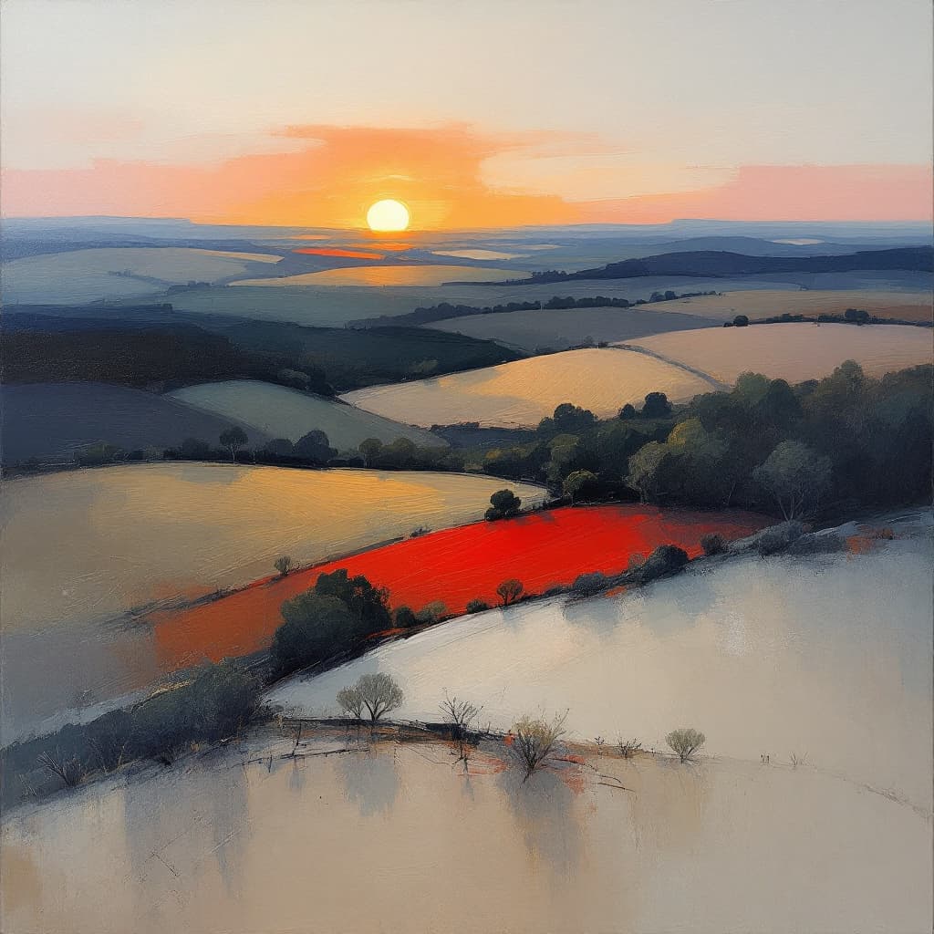 AI generated: "An abstract oil painting capturing the essence of a sunset over the countryside. The composition is...