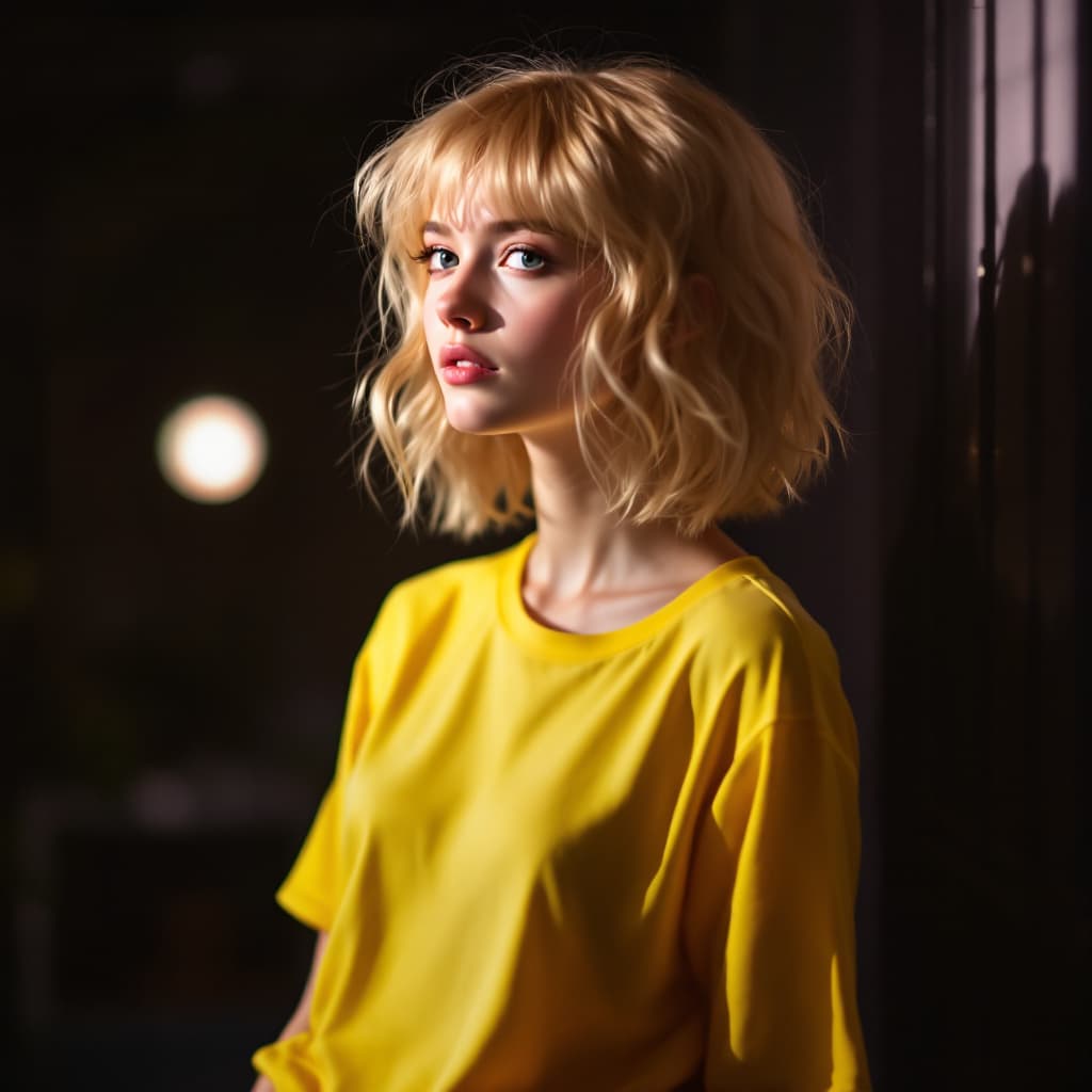 AI generated: blond girl in a yellow shirt is posing, soft, atmospheric lighting --chaos 33 --ar 1:2 --profile yru...