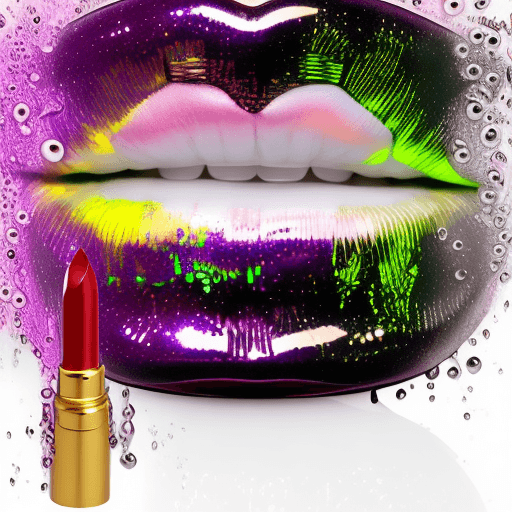 AI generated: huge metal lips with dripping lipstick drops and luiquid on the floor:: neon::1 liquid::1 metallic::...