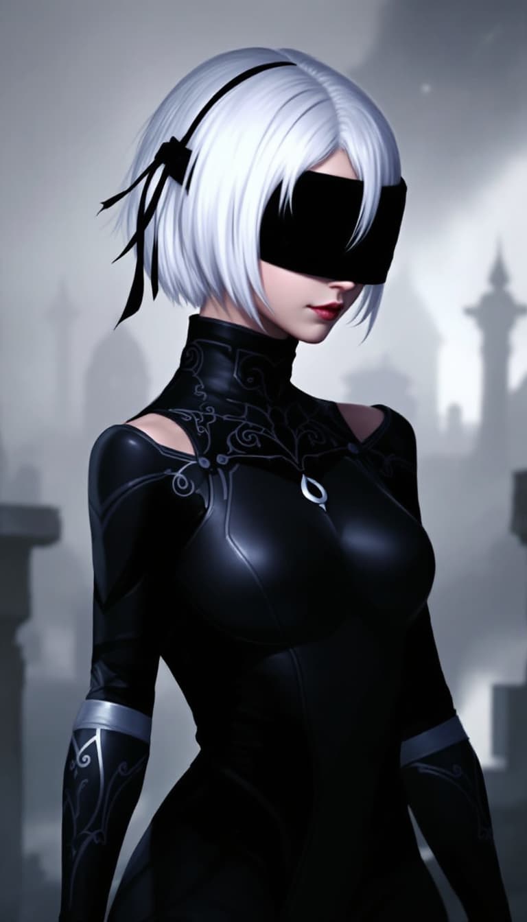 AI generated: A character with short white hair and a blindfold, wearing a sleek, dark outfit with intricate desig...