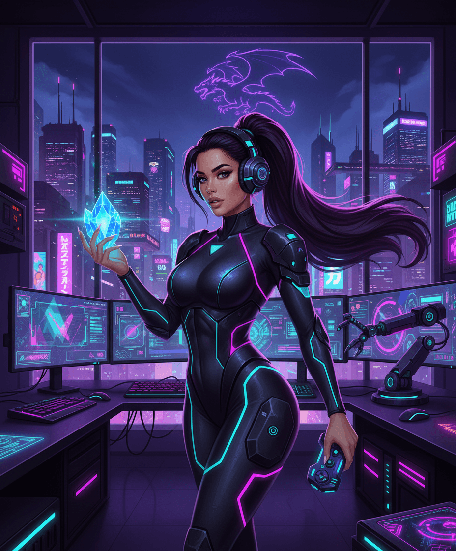 AI generated: A vibrant, cyberpunk-style art illustration of a confident woman in a sleek, black armored bodysuit ...